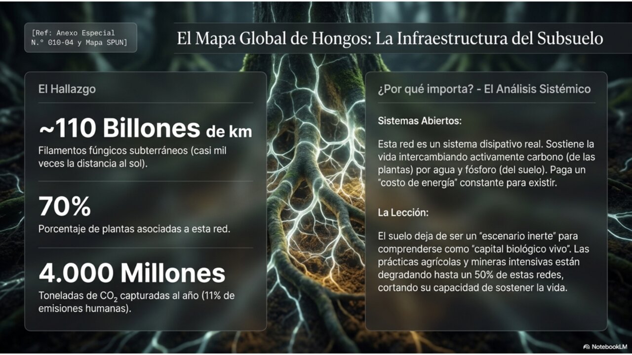 El mapa global de hongos: 110 billones de km de filamentos, 70% de plantas asociadas, 4.000 millones de toneladas de CO2 capturadas al año.