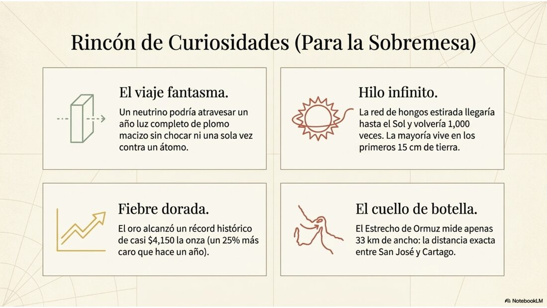 Rincón de curiosidades para la sobremesa: el viaje fantasma del neutrino, el hilo infinito de los hongos, la fiebre dorada y el cuello de botella de Ormuz.
