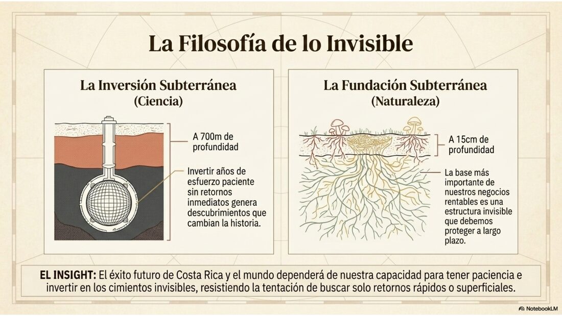 La filosofía de lo invisible: la inversión subterránea de la ciencia (JUNO, 700m) y la fundación subterránea de la naturaleza (hongos, 15cm) comparten la misma lección de paciencia.