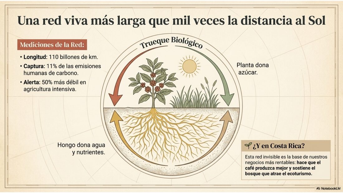 El trueque biológico bajo tierra: la planta dona azúcar, el hongo dona agua y nutrientes. Red de 110 billones de km que captura el 11% de las emisiones humanas.