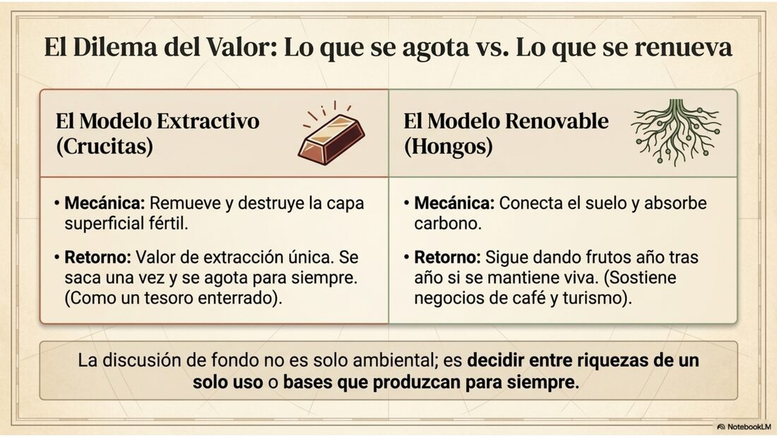 El dilema del valor: el modelo extractivo de Crucitas se agota para siempre; el modelo renovable de los hongos sigue dando frutos año tras año.