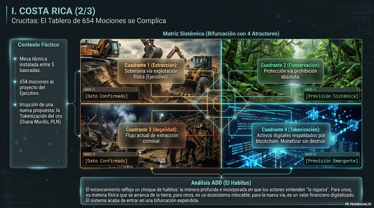 Crucitas: matriz sistémica de bifurcación con 4 atractores — extracción, conservación, ilegalidad y tokenización del oro.