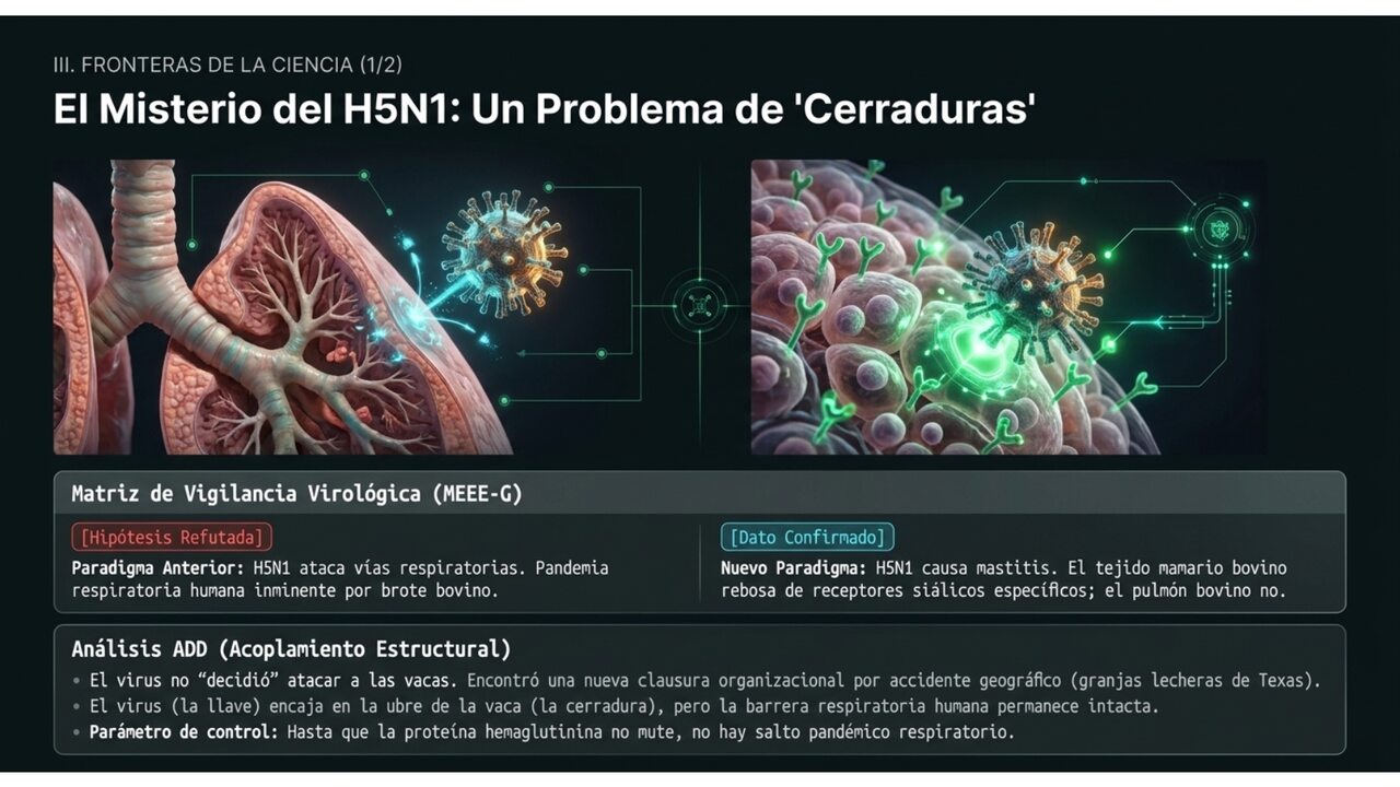 El virus H5N1 y las cerraduras moleculares del cuerpo bovino.