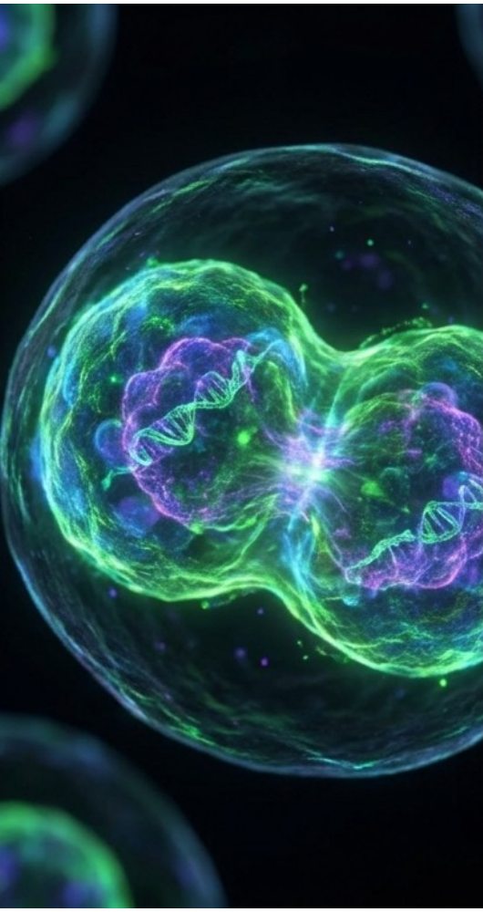 Célula sintética dividiéndose, con hebras de ADN visibles en su interior, ilustración del hallazgo SpudCell.