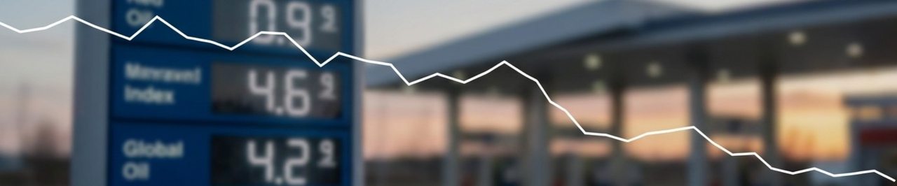 Gráfico de precios de combustible descendiendo frente a una estación de gasolina al atardecer.
