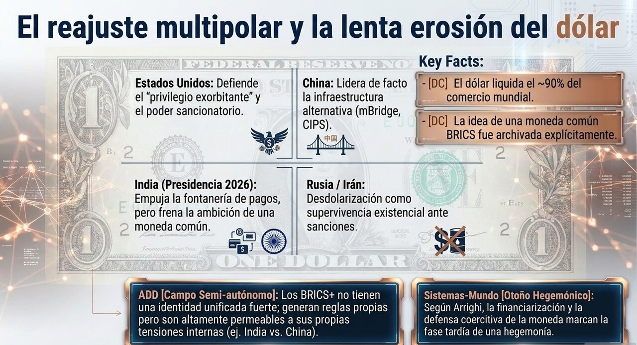 El reajuste multipolar y la lenta erosión del dólar: mapa de actores EE. UU., China, India y Rusia/Irán.