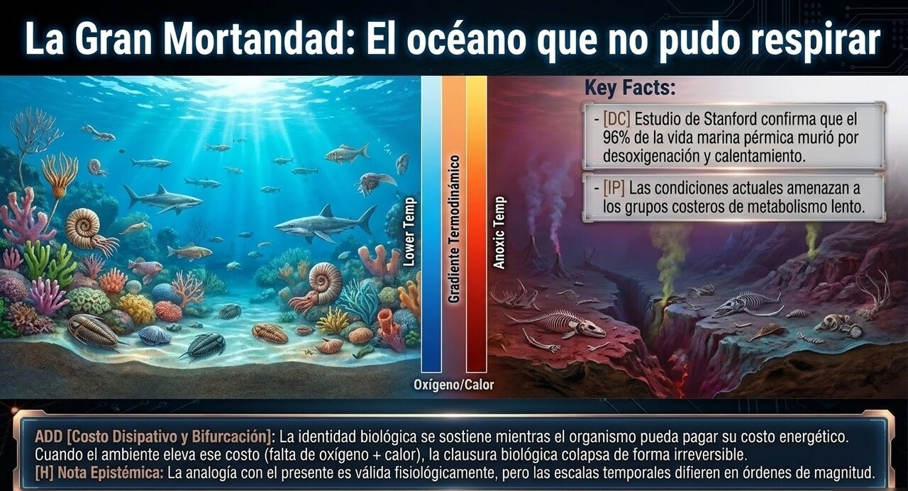 La Gran Mortandad: el océano que no pudo respirar. Ilustración del gradiente termodinámico oxígeno/calor entre el Pérmico próspero y la extinción.