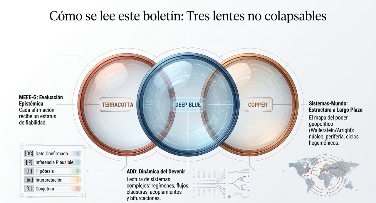 Cómo se lee este boletín: tres lentes no colapsables — MEEE-G, ADD y Sistemas-Mundo.