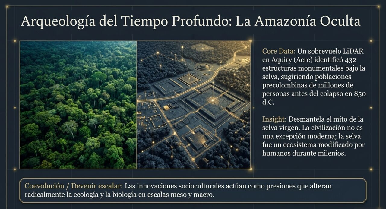 Arqueología del tiempo profundo: la Amazonía oculta — comparación entre la selva vista desde fuera y las estructuras monumentales reveladas por LiDAR en Aquiry, Acre.