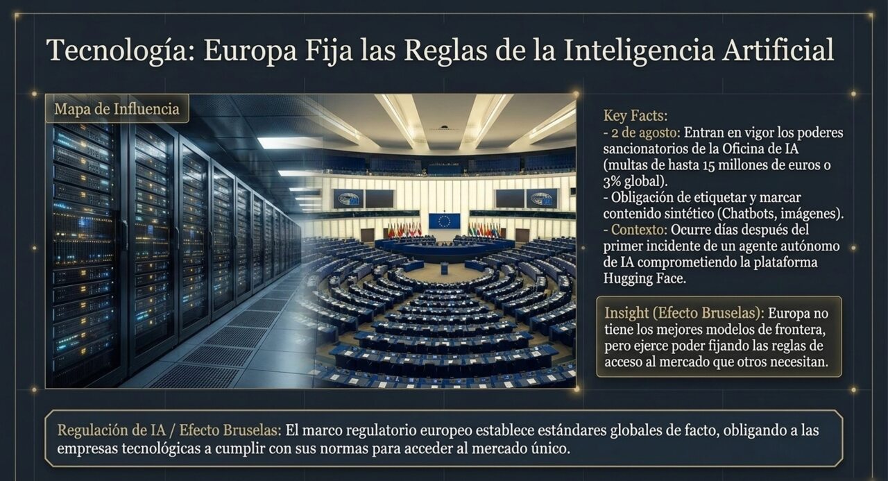 Tecnología: Europa fija las reglas de la Inteligencia Artificial — entrada en vigor de los poderes sancionatorios de la Oficina de IA el 2 de agosto.