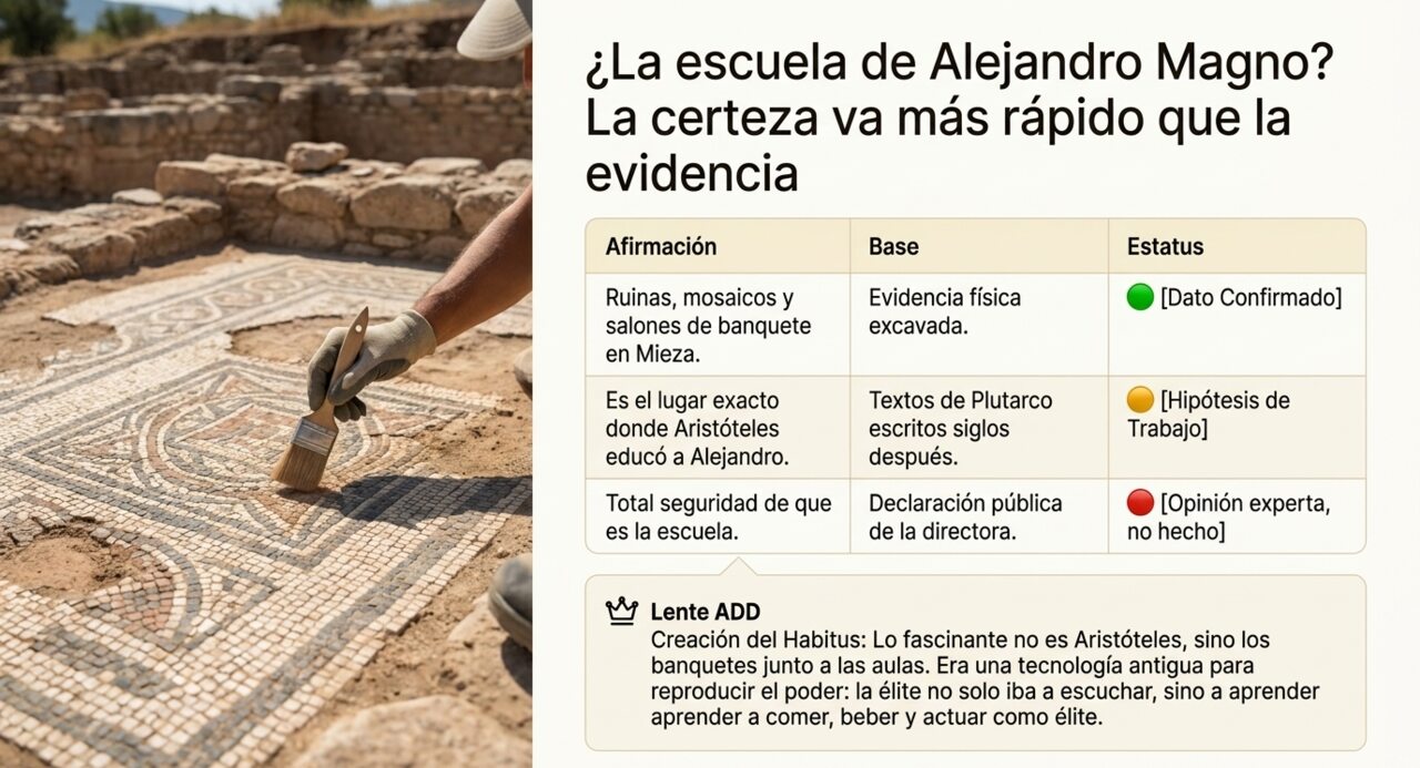 Excavación de mosaicos en Mieza: qué está comprobado y qué es solo atribución.