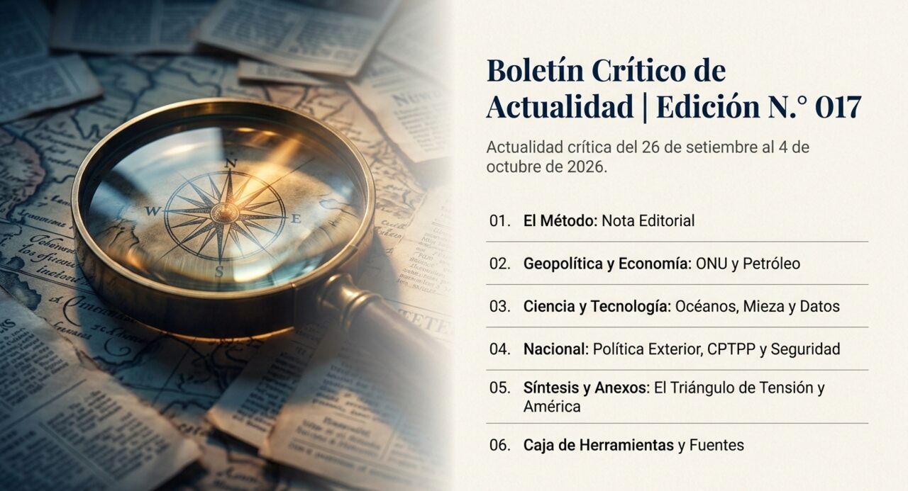 Boletín Crítico de Actualidad N.° 017: lupa sobre una brújula y recortes de prensa, con el índice de secciones.
