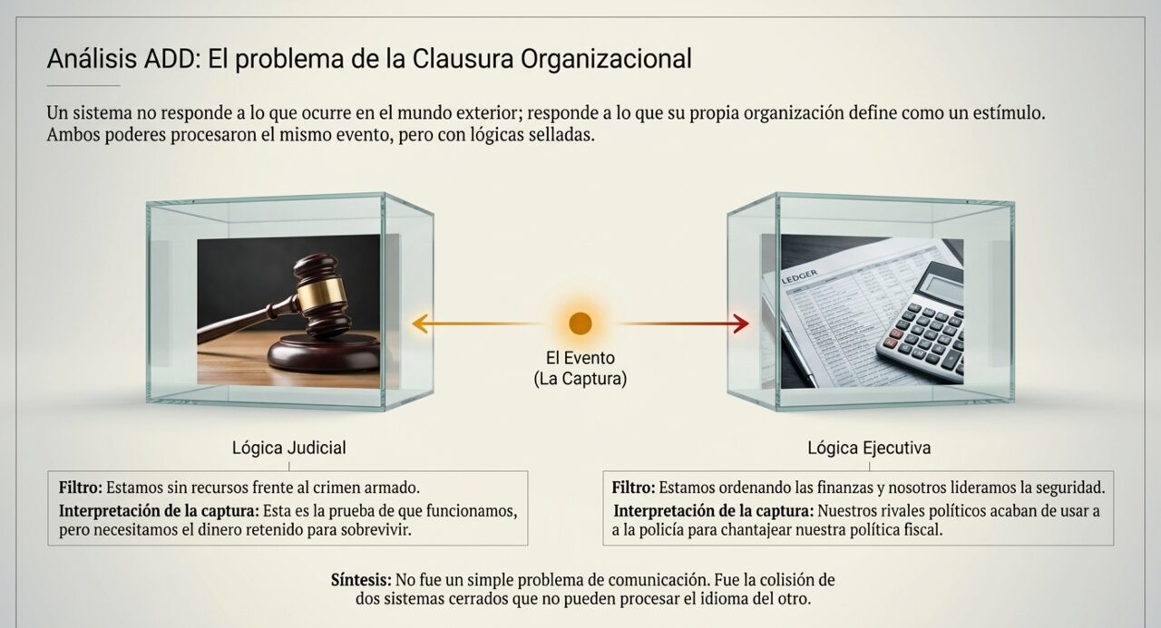Análisis ADD: el problema de la clausura organizacional — lógica judicial y lógica ejecutiva procesando el mismo evento, la captura, con filtros e interpretaciones opuestas.