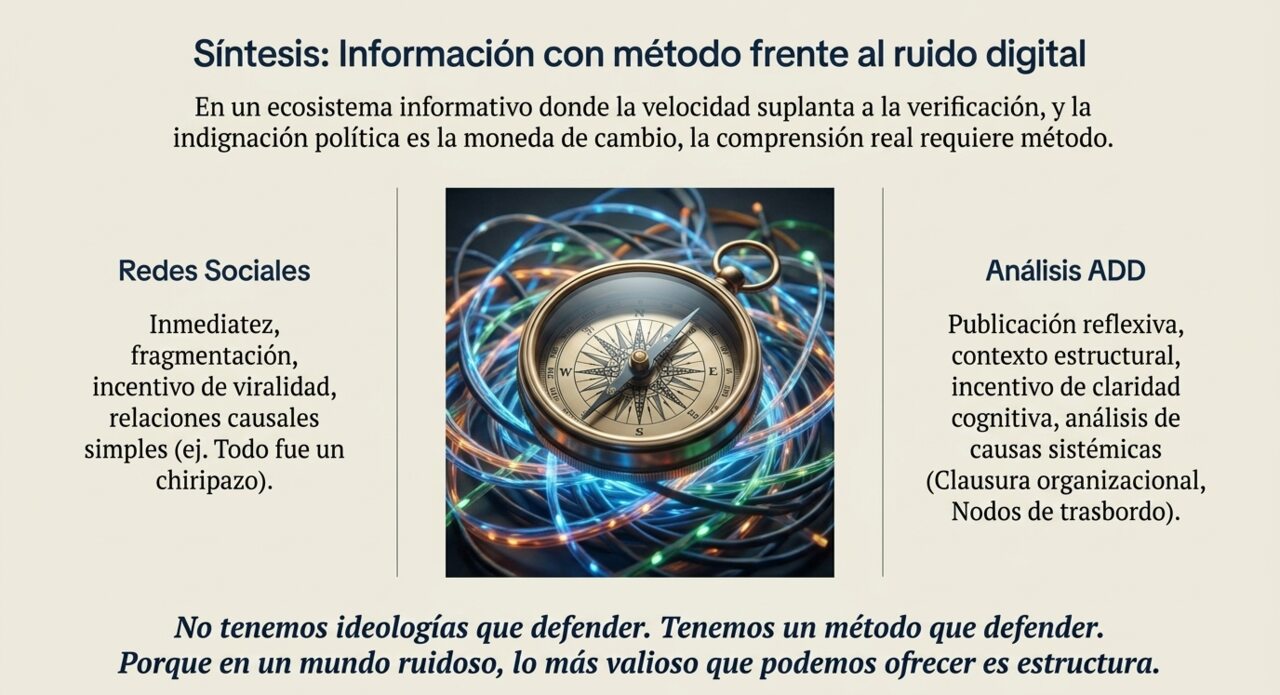 Síntesis: información con método frente al ruido digital — comparación entre la lógica de las redes sociales y la del análisis ANCA-ADD.