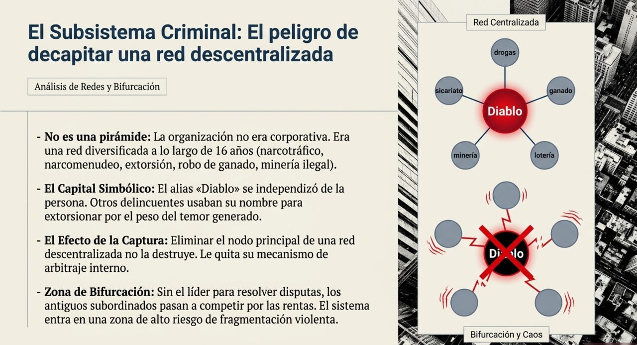 El subsistema criminal: el peligro de decapitar una red descentralizada — red centralizada en torno al nodo Diablo frente al mismo nodo removido, en bifurcación y caos.