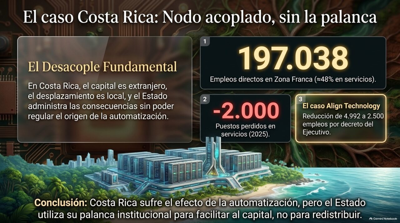 Costa Rica, nodo acoplado sin la palanca: 197.038 empleos directos en zona franca, -2.000 puestos en servicios en 2025, y el caso Align Technology.