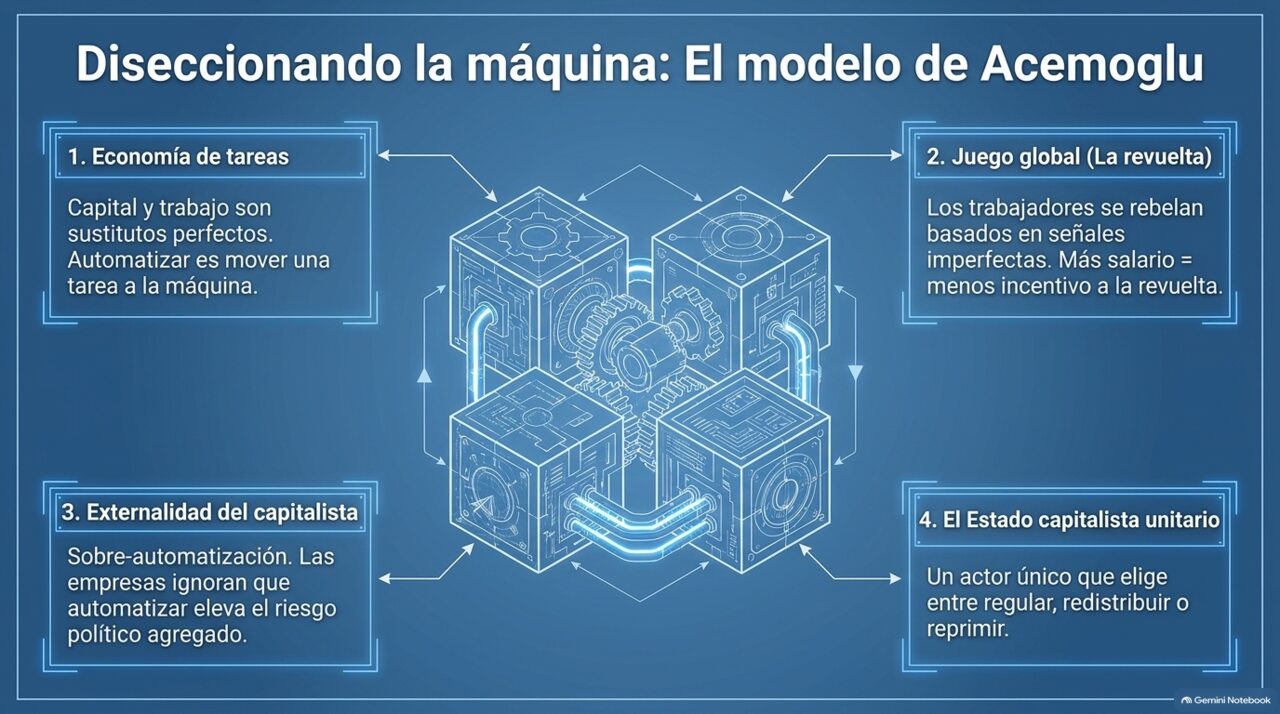 Las cuatro piezas del modelo: economía de tareas, juego global, externalidad del capitalista, Estado capitalista unitario.