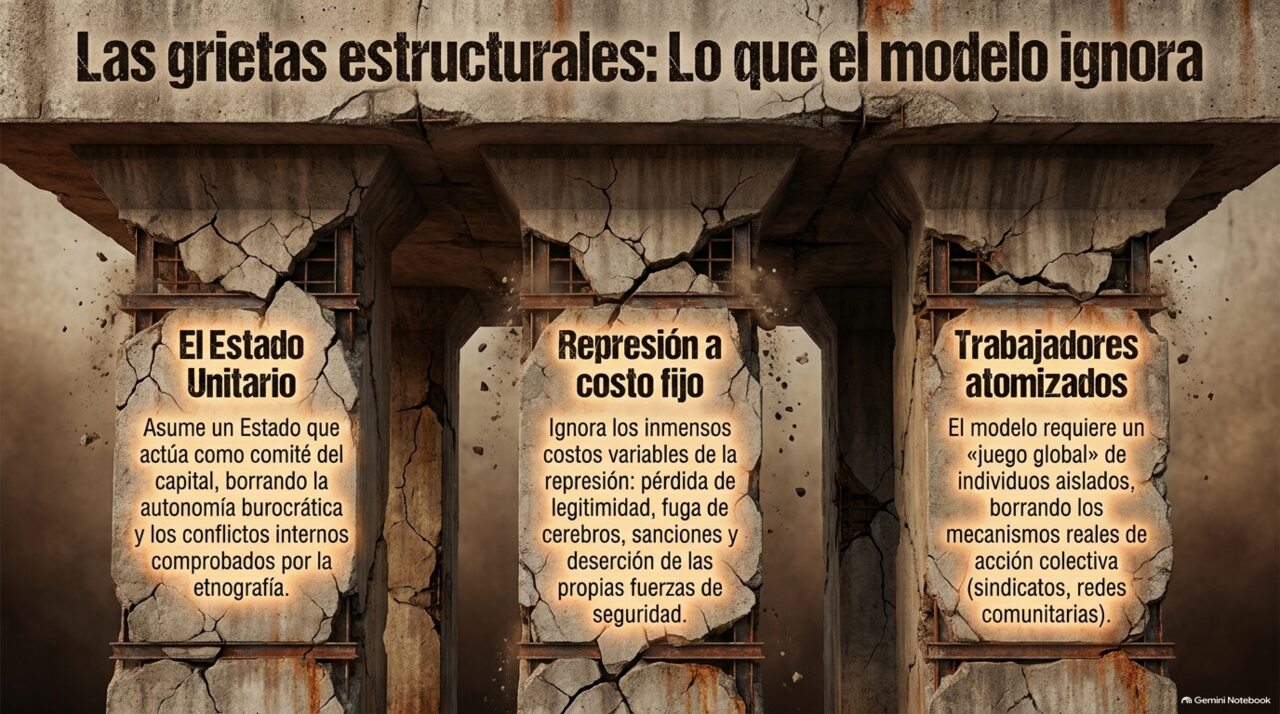 Las grietas estructurales del modelo: Estado unitario, represión a costo fijo, trabajadores atomizados.