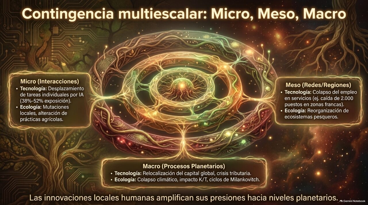 Diagrama de contingencia multiescalar micro, meso y macro aplicado a tecnología y ecología, con nodo central irradiando conexiones.