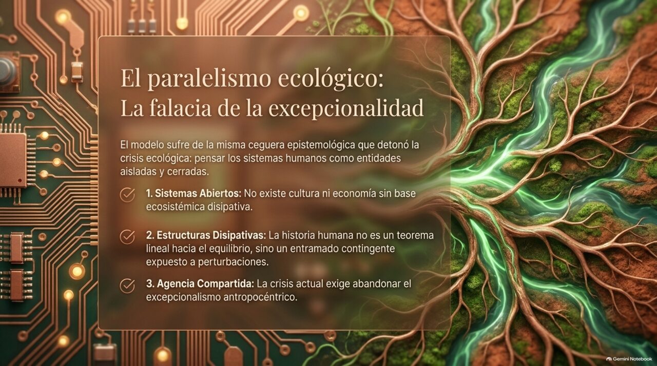 Circuito impreso fundiéndose con raíces de árbol y flujos de energía verde: sistemas abiertos, estructuras disipativas y agencia compartida.