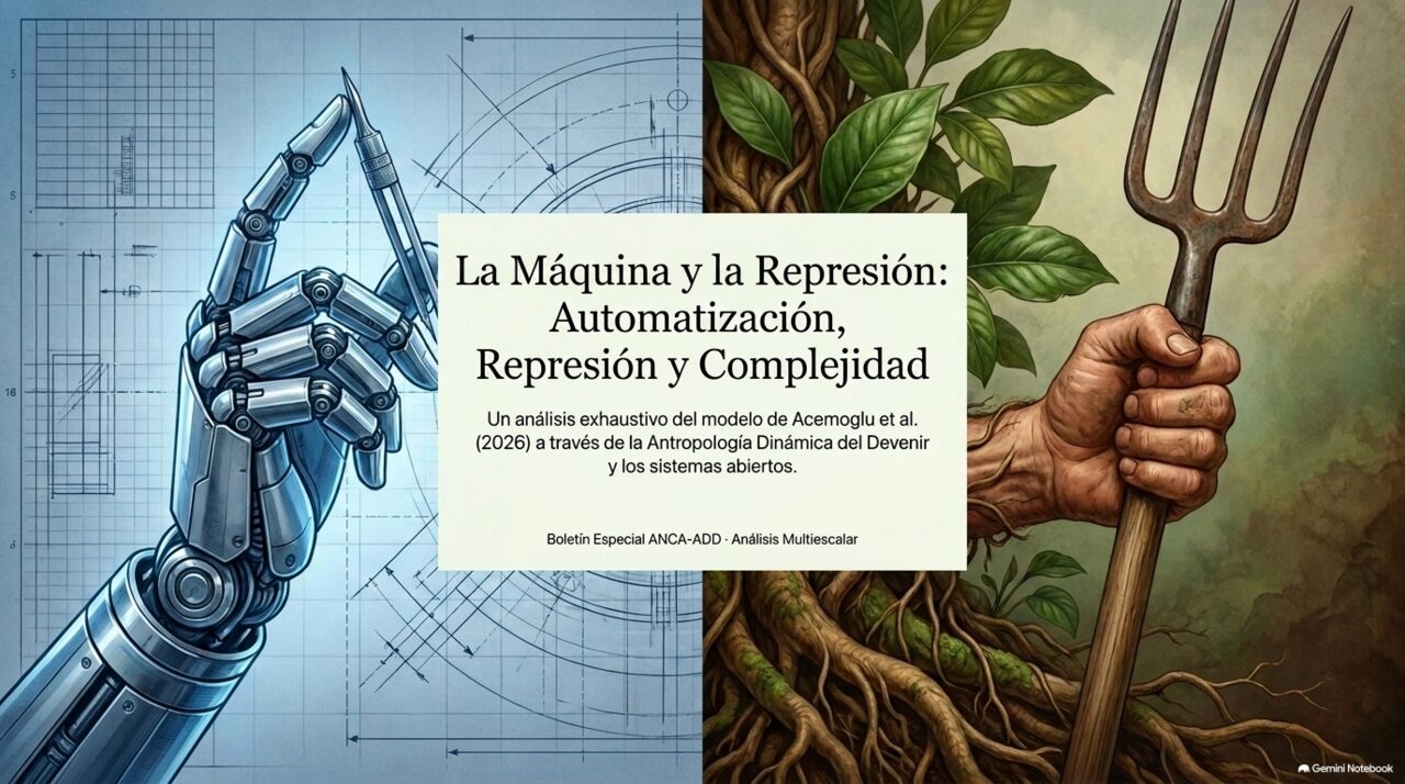 Una mano robótica y una mano humana sosteniendo una horquilla, enmarcando el título del análisis.