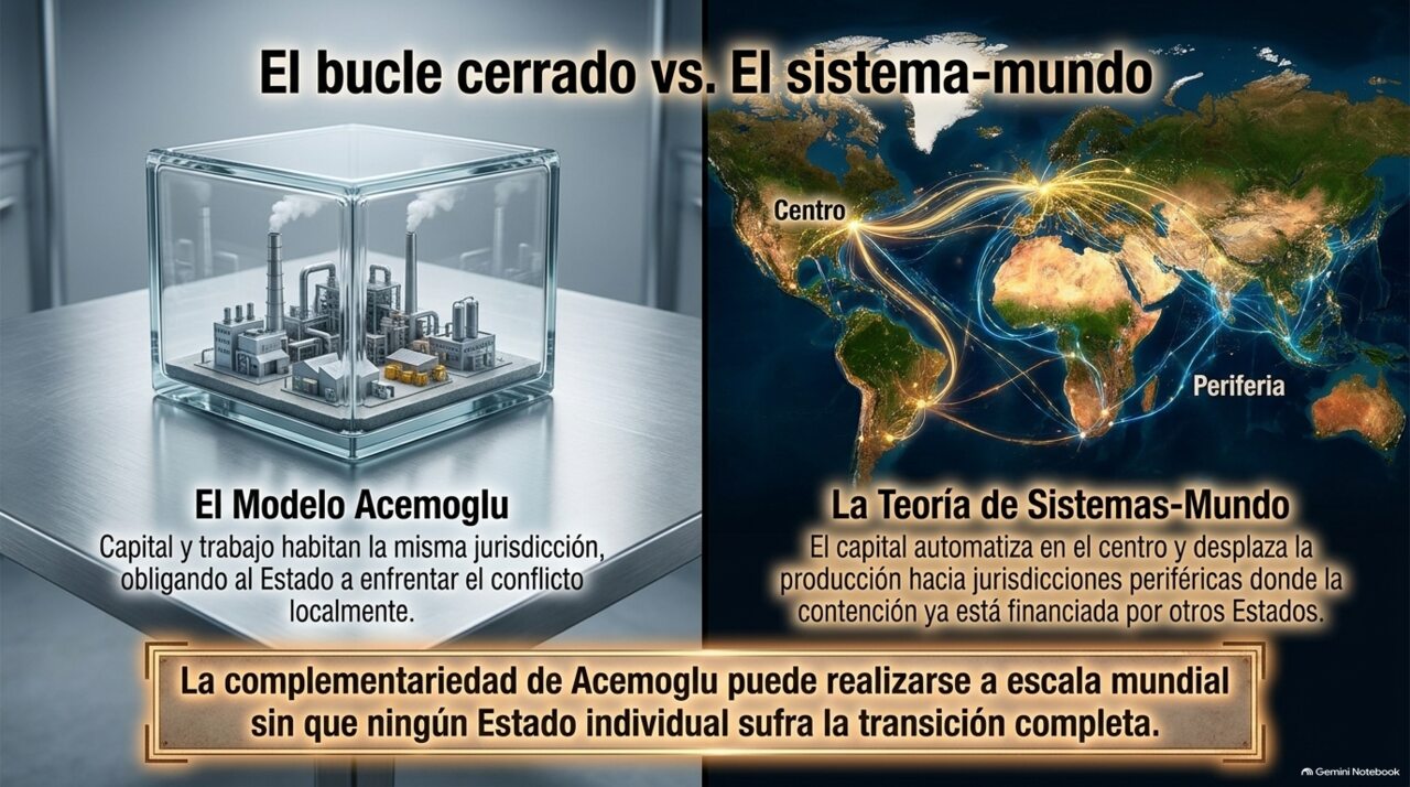 El modelo Acemoglu como economía cerrada, frente a la teoría de Sistemas-Mundo: el capital automatiza en el centro y desplaza la producción a la periferia.