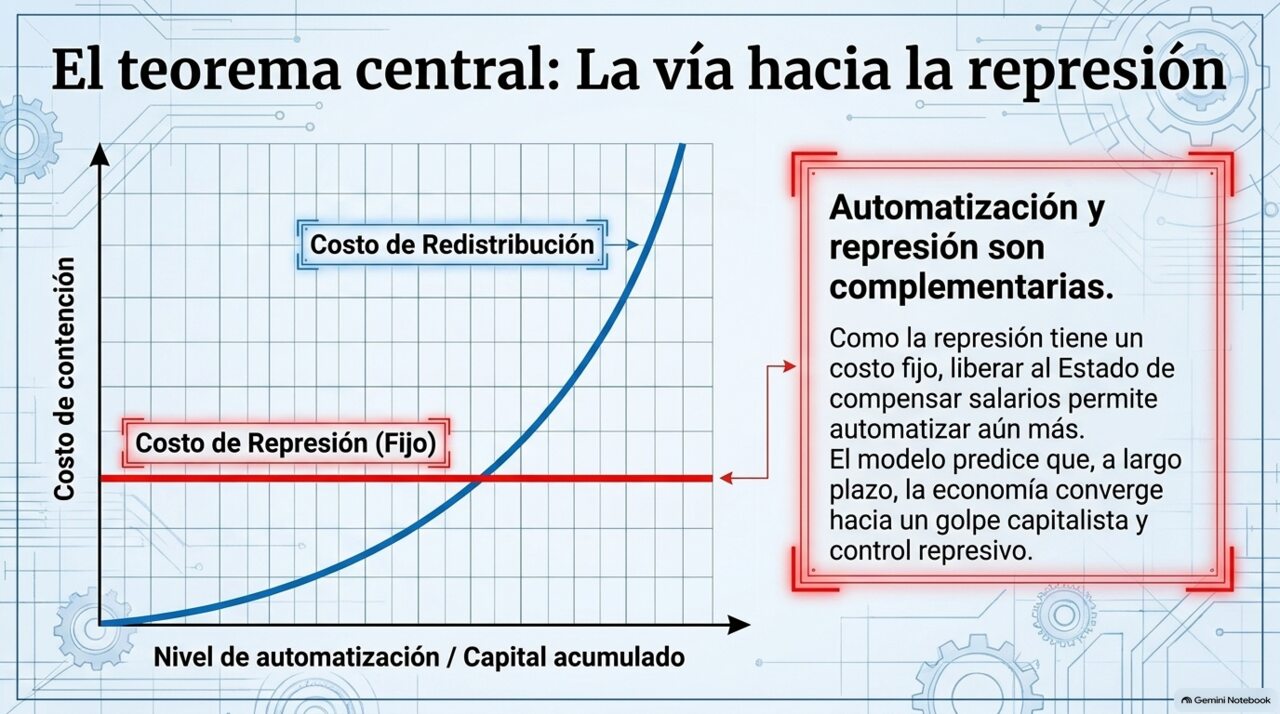 Gráfico: el costo de la represión es plano; el costo de la redistribución crece con el nivel de automatización.