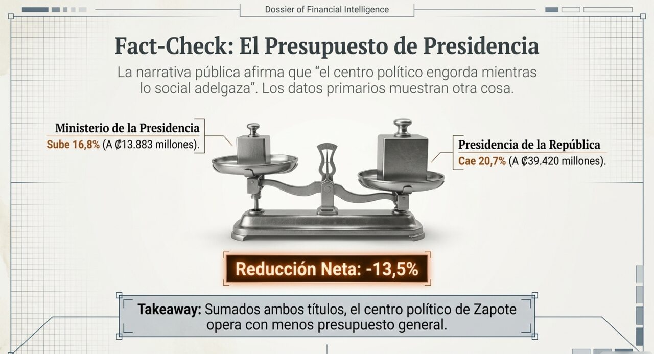 Fact-Check: el Presupuesto de Presidencia. Ministerio de la Presidencia sube 16,8% pero Presidencia de la República cae 20,7% — reducción neta combinada de 13,5%.