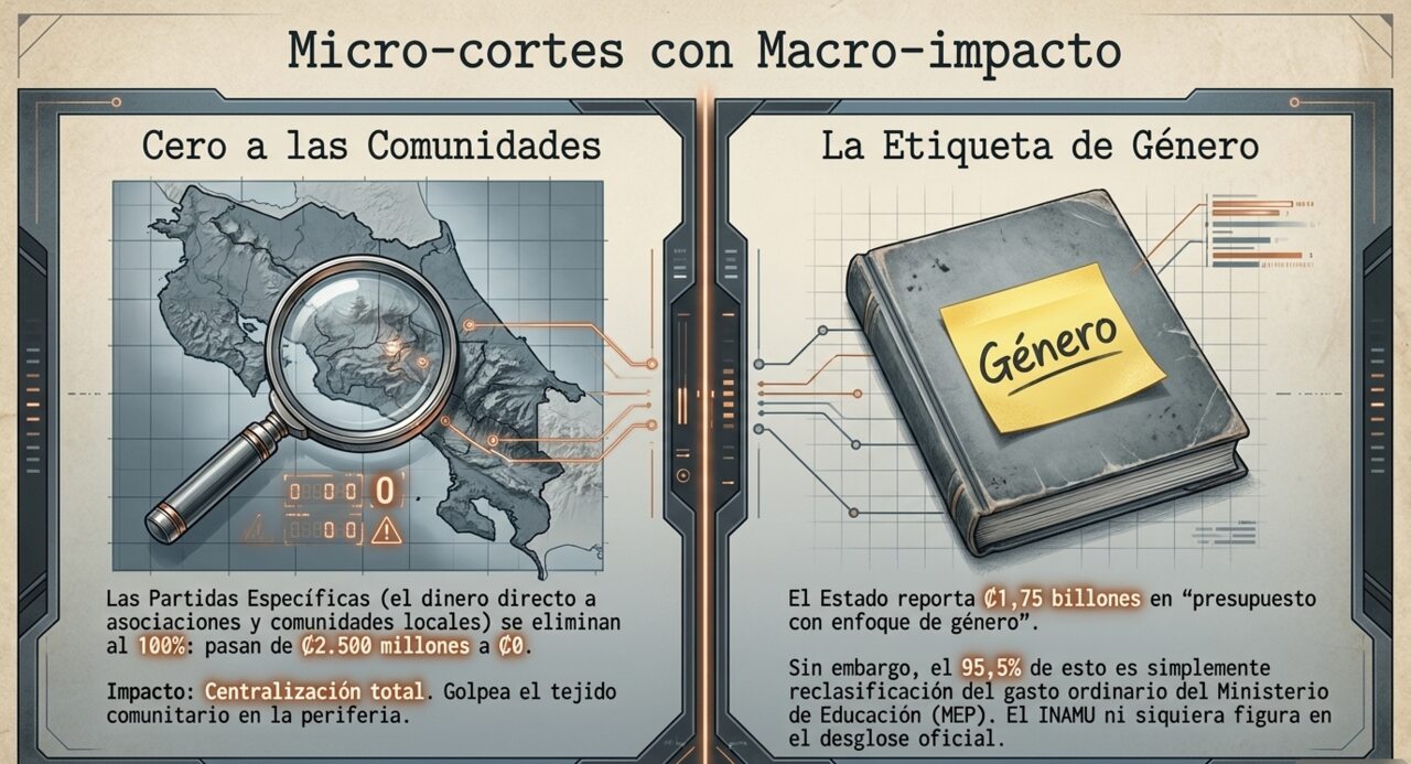 Micro-cortes con Macro-impacto: las Partidas Específicas caen de ₡2.500 millones a cero (centralización total), y el 95,5% del 'presupuesto con enfoque de género' es en realidad gasto ordinario del MEP.