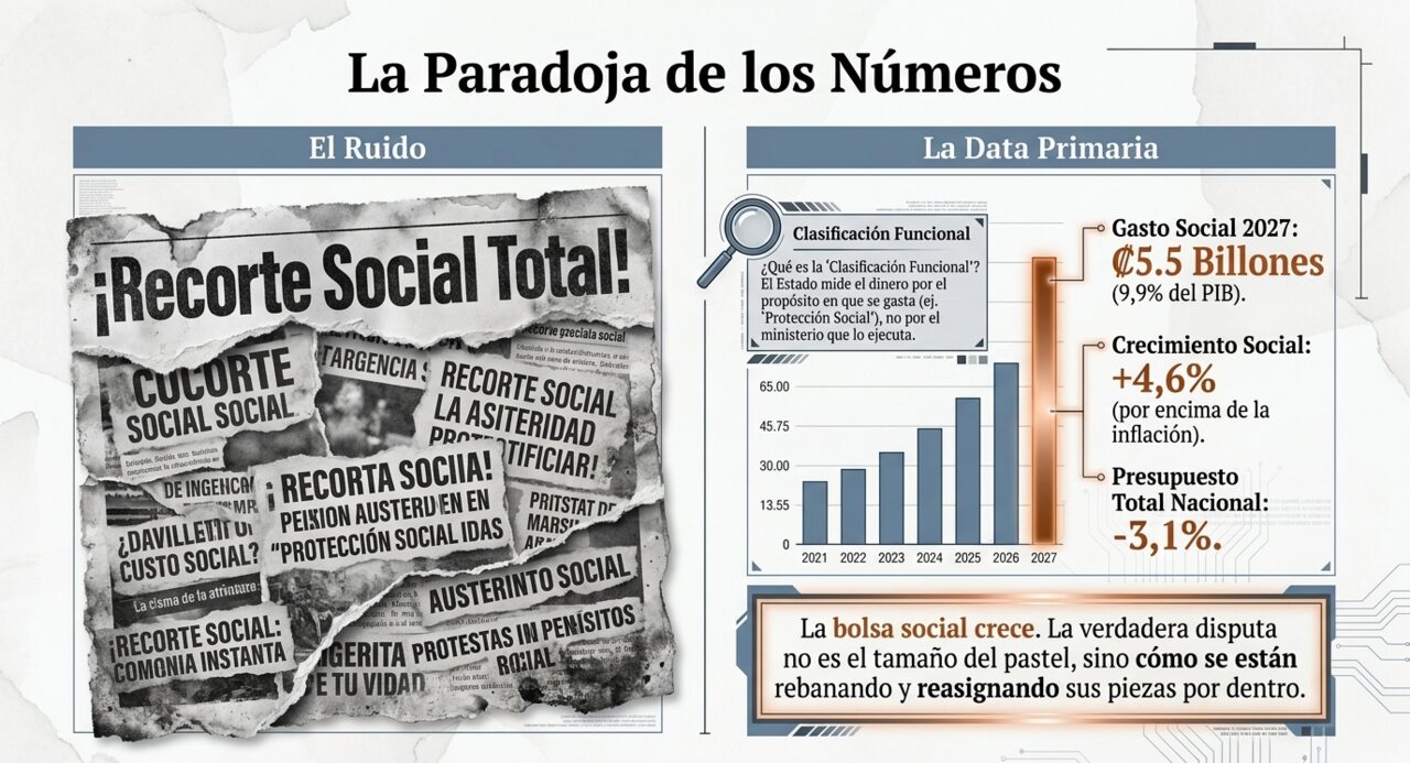 La Paradoja de los Números: el ruido de los titulares de 'recorte social total' frente a la data primaria, que muestra un gasto social 2027 de ₡5,5 billones (9,9% del PIB) con crecimiento de 4,6%.