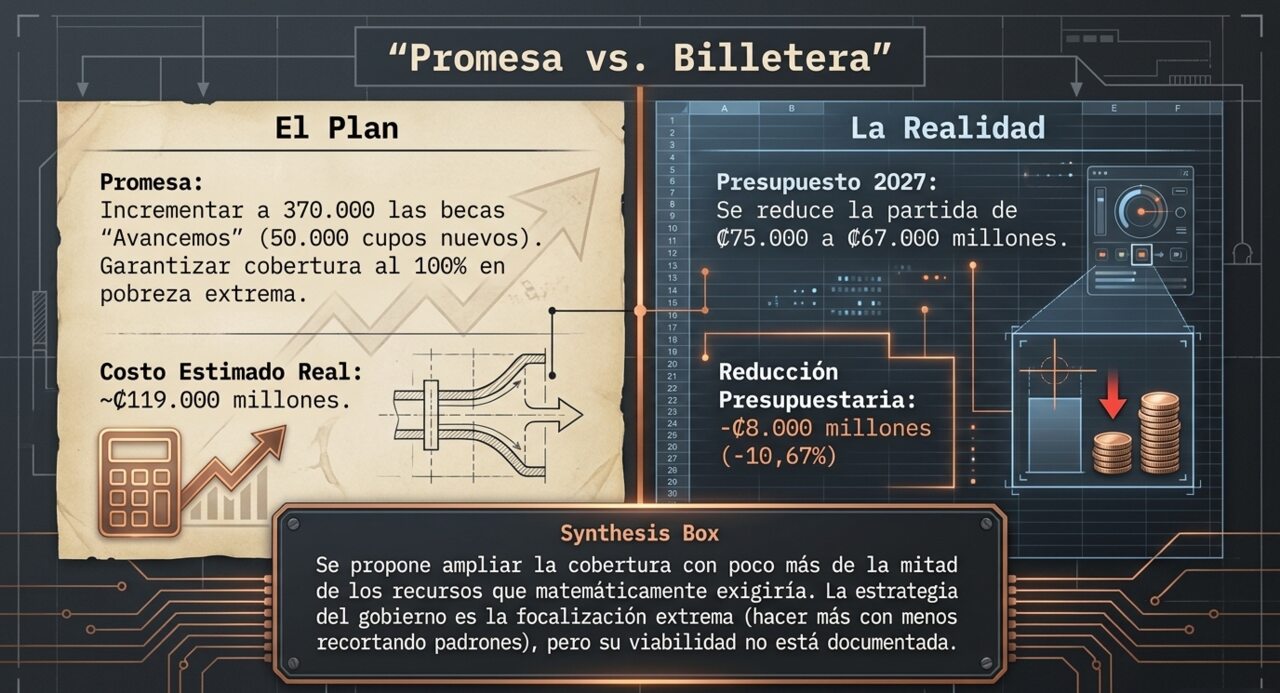 Promesa vs. Billetera: el plan prometió incrementar a 370.000 las becas Avancemos (costo real ~₡119.000 millones), pero el presupuesto 2027 reduce la partida de ₡75.000 a ₡67.000 millones.