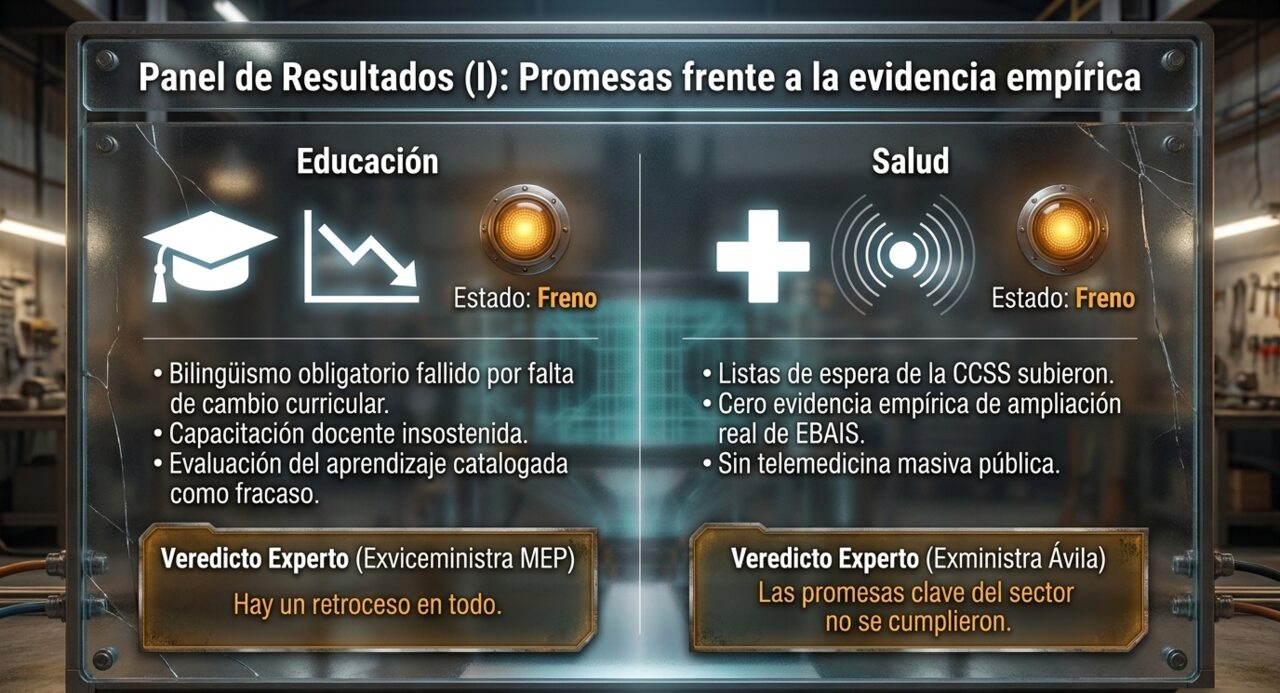Panel de resultados: Educación (bilingüismo fallido, capacitación docente insostenida) y Salud (listas de espera de la CCSS al alza), ambos en estado de freno.