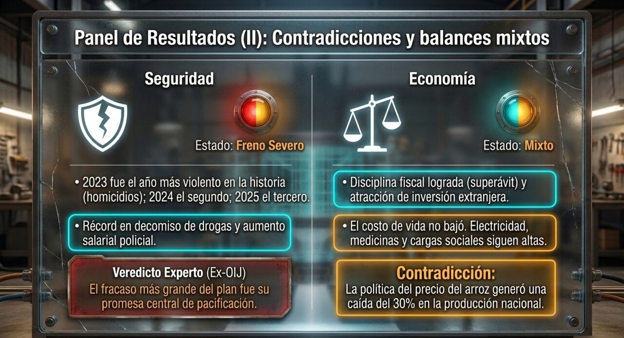 Panel de resultados: Seguridad en freno severo (años más violentos en homicidios) y Economía mixta (disciplina fiscal lograda pero costo de vida sin bajar).