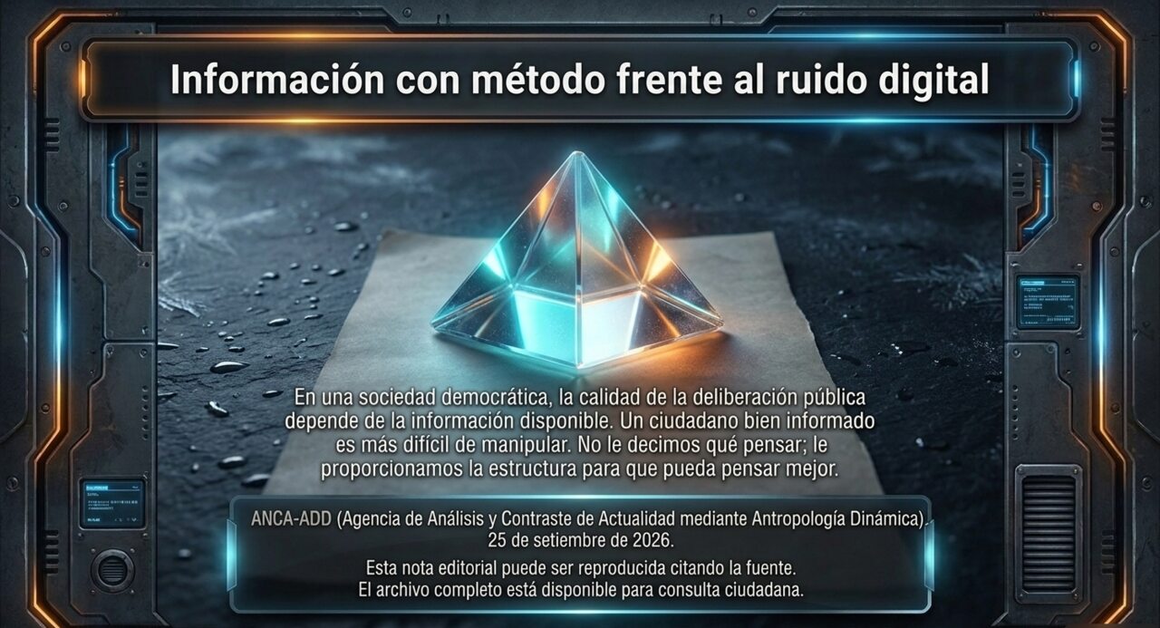 Información con método frente al ruido digital: una pirámide de cristal sobre un documento, con el mensaje de que un ciudadano bien informado es más difícil de manipular.