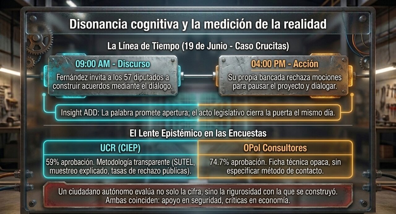 Línea de tiempo del 19 de junio en Crucitas (discurso de diálogo a las 9am, rechazo de mociones a las 4pm) y comparación de fichas técnicas: CIEP-UCR transparente frente a OPol Consultores opaca.