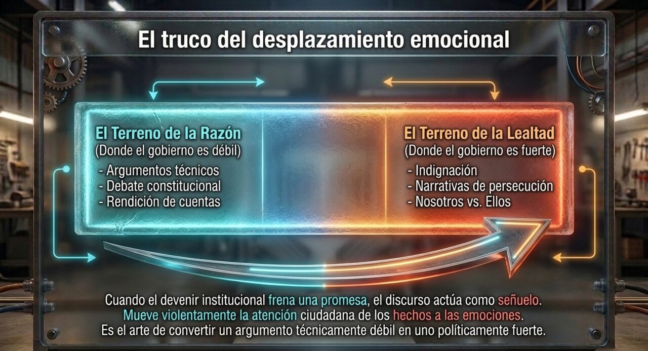 El truco del desplazamiento emocional: del terreno de la razón (donde el gobierno es débil) al terreno de la lealtad (donde el gobierno es fuerte).