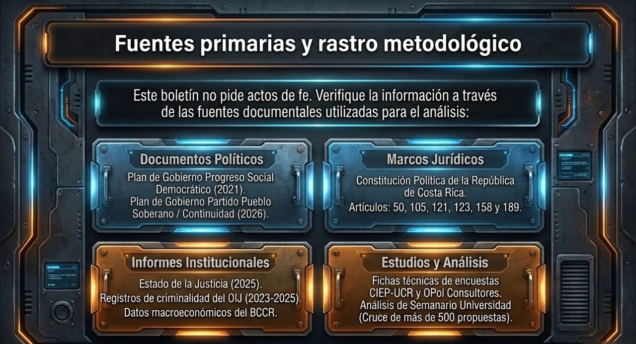 Fuentes primarias y rastro metodológico: documentos políticos (planes de gobierno 2021 y 2026), marcos jurídicos (artículos 50, 105, 121, 123, 158 y 189 de la Constitución), informes institucionales y estudios y análisis periodísticos.