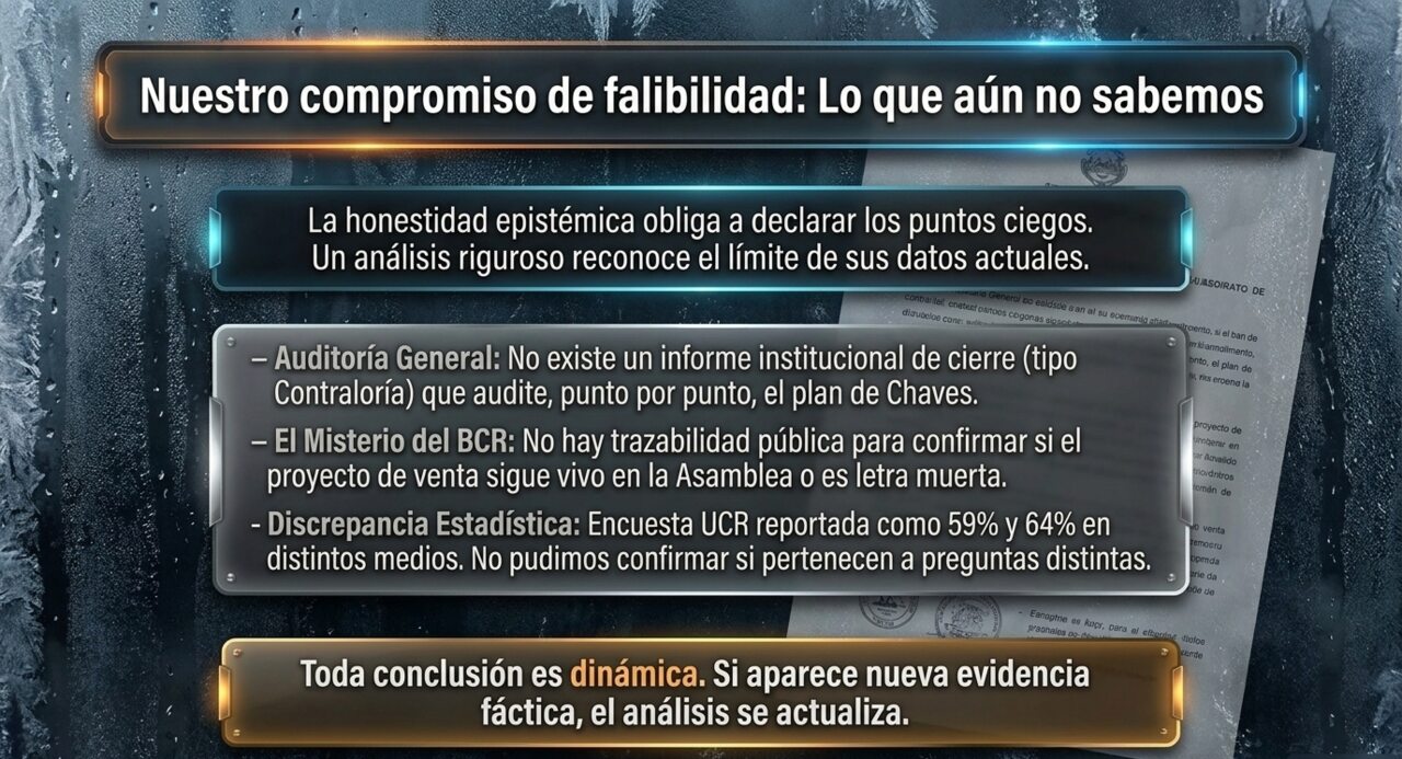 Nuestro compromiso de falibilidad: lo que aún no sabemos. Falta auditoría general del plan de Chaves, hay un misterio sobre el estado del proyecto de venta del BCR, y una discrepancia estadística entre 59% y 64% de aprobación no resuelta.