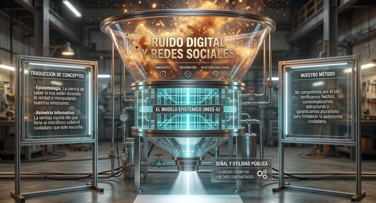 Diagrama del filtro epistémico ANCA-ADD (MEEE-G): ruido digital y redes sociales pasan por un embudo que produce señal y utilidad pública.
