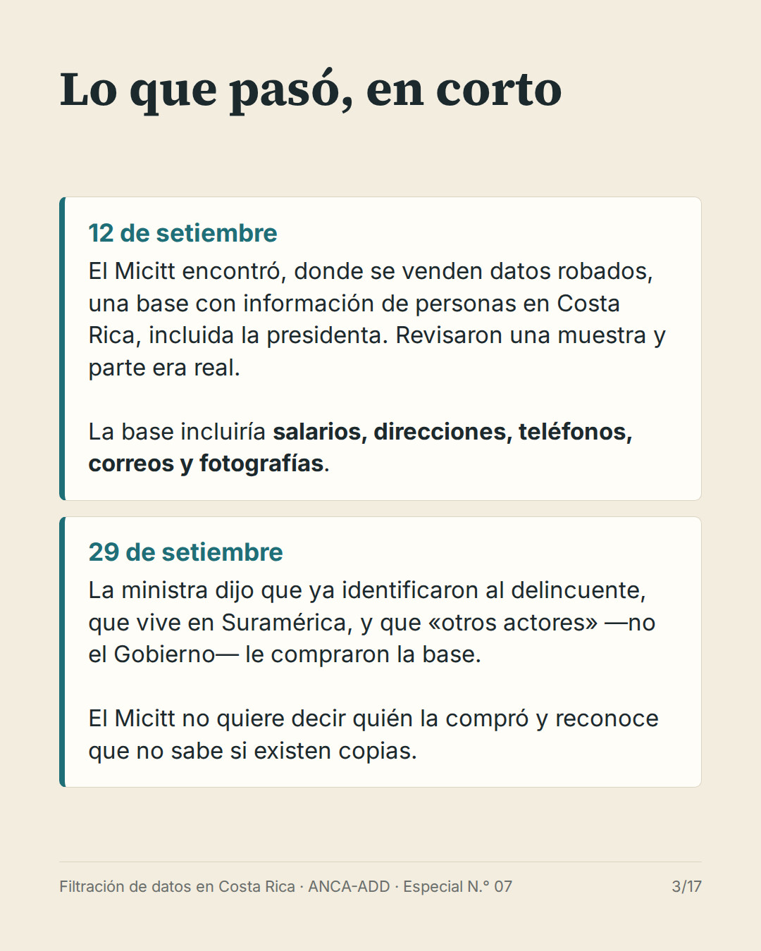 Cronología: el 12 de setiembre el Micitt encontró la base de datos; el 29 de setiembre la ministra dijo que identificaron al delincuente.