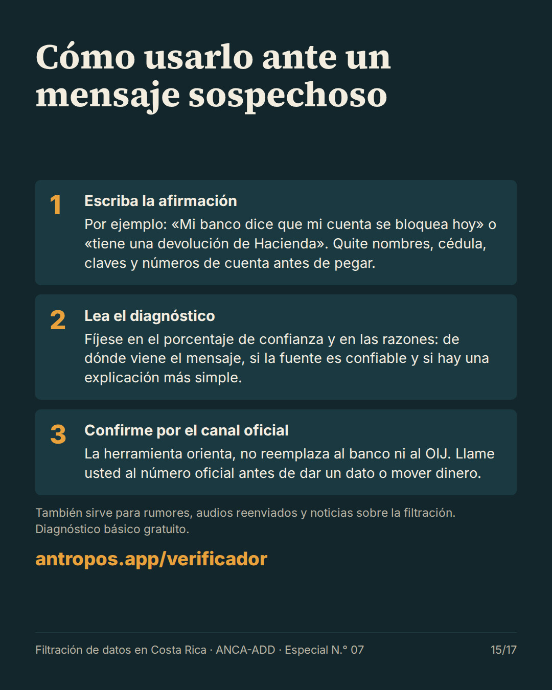 Cómo usar el Verificador ante un mensaje sospechoso: escriba la afirmación, lea el diagnóstico y confirme por el canal oficial.