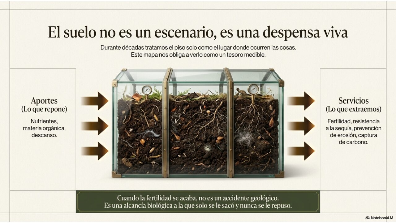 El suelo no es un escenario, es una despensa viva: aportes que repone (nutrientes, materia orgánica, descanso) frente a servicios que extraemos (fertilidad, resiliencia, prevención de erosión, captura de carbono).