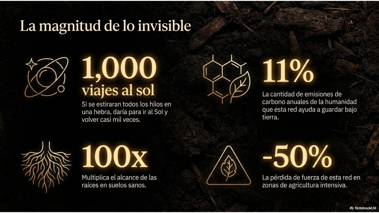 La magnitud de lo invisible: 1.000 viajes al Sol, 11% de las emisiones de carbono, 100x el alcance de las raíces, -50% de pérdida de fuerza en agricultura intensiva.