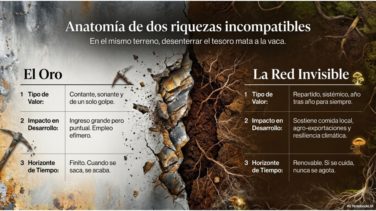 Anatomía de dos riquezas incompatibles: el oro es contante y de un solo golpe, finito; la red invisible es repartida, sistémica, renovable si se cuida, nunca se agota.