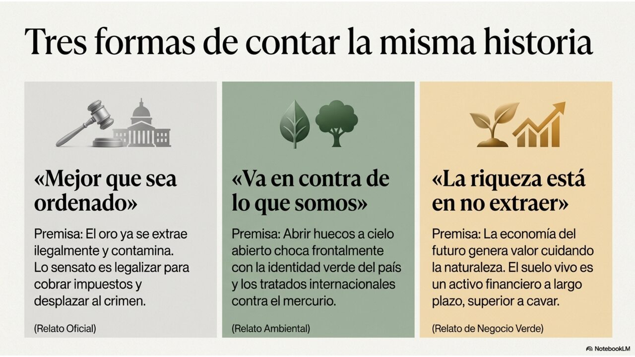 Tres formas de contar la misma historia: relato oficial (mejor que sea ordenado), relato ambiental (va en contra de lo que somos), relato de negocio verde (la riqueza está en no extraer).