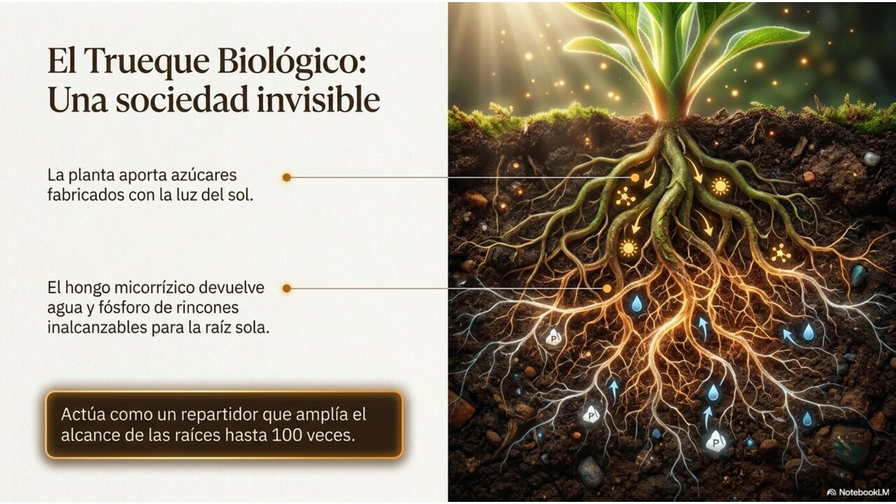 El trueque biológico: la planta aporta azúcares fabricados con la luz del sol; el hongo micorrízico devuelve agua y fósforo, ampliando el alcance de las raíces hasta 100 veces.