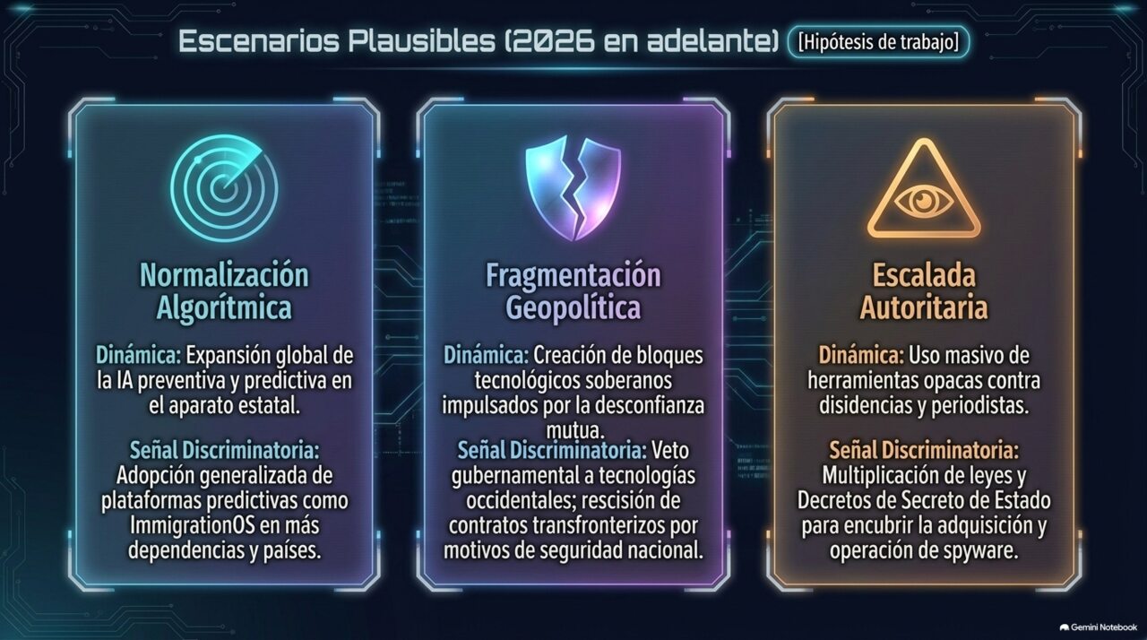 Tres escenarios plausibles 2026 en adelante: Normalización Algorítmica, Fragmentación Geopolítica y Escalada Autoritaria, cada uno con su dinámica y señal discriminatoria.