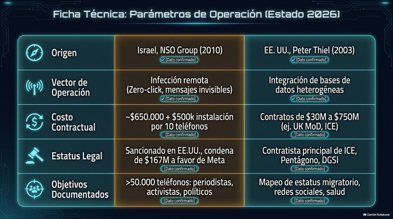 Ficha técnica comparativa: origen, vector de operación, costo contractual, estatus legal y objetivos documentados de Pegasus y Palantir, estado 2026.